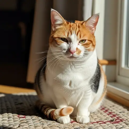 Beautiful Orange, White, and Black Cat on Woolen Rug