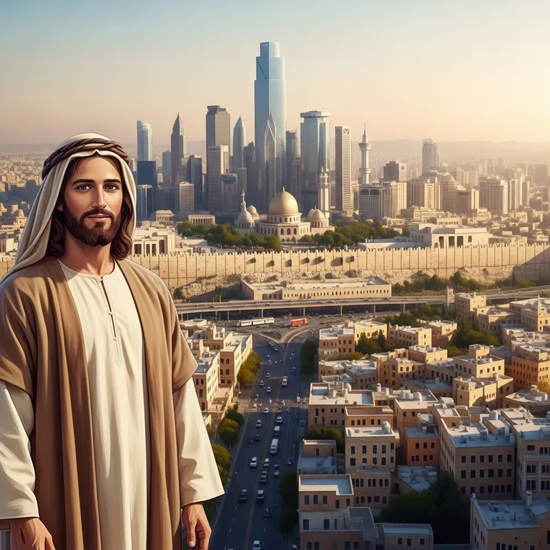 Jesus in New Jerusalem - Symbolic Modern City Illustration Jesus in New Jerusalem - Symbolic Modern City Illustration