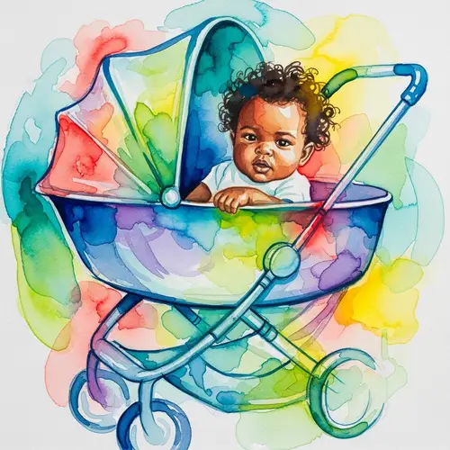 Abstract Watercolor Painting of Black Baby in Stroller