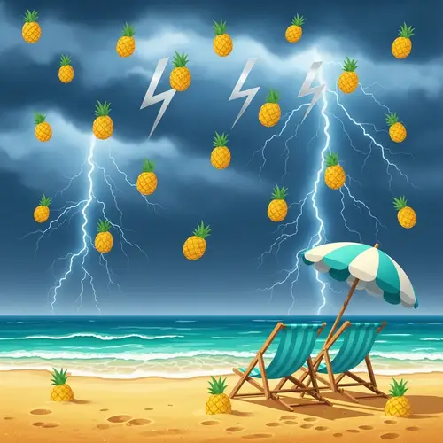 Colorful Stormy Sky and Pineapple Rain Beach Scene