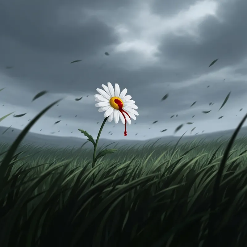 Gloomy Daisy with Eerie Details in Anime-Style Scene