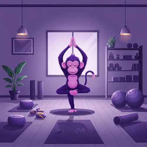 Animated Purple Monkey Practising Yoga in Well-Equipped Studio