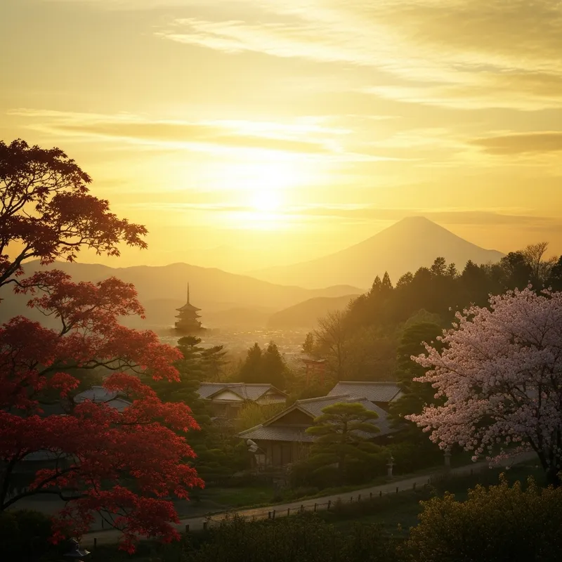 Golden Sunsets in Japan - A Serene Landscape with Mount Fuji View