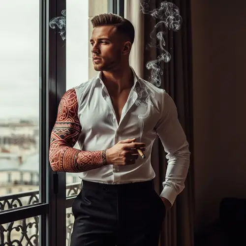 Captivating French Gentleman with Intricate Tattoo Designs