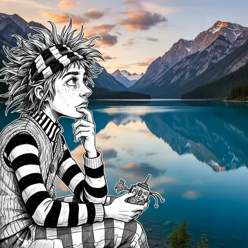 Beetlejuice Contemplates Nature | Mountain Lake Landscape