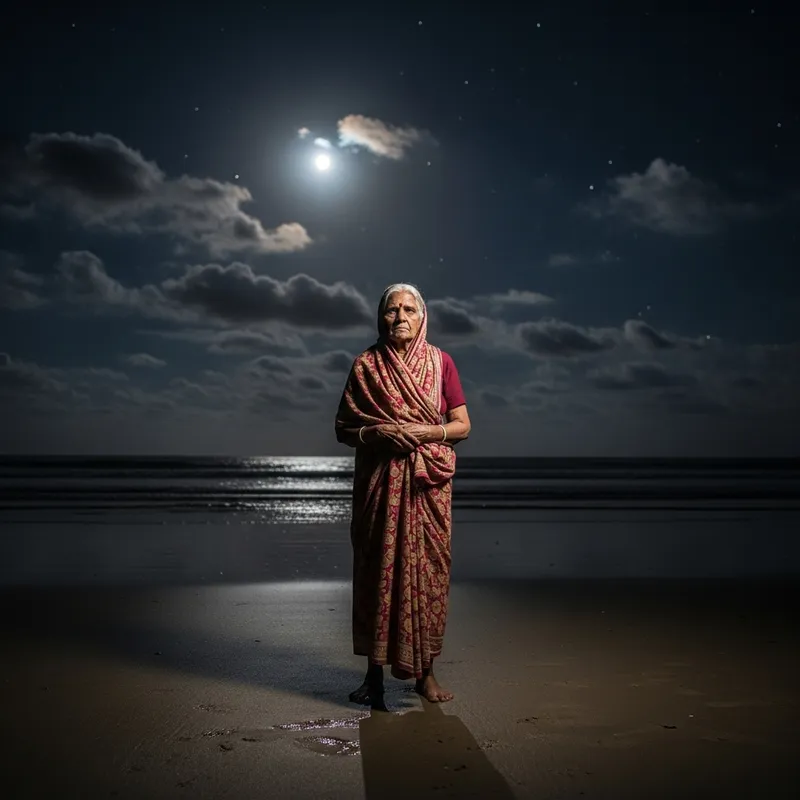 Elderly Lady on Night Beach | Eery Scene Captured Elderly Lady on Night Beach | Eery Scene Captured