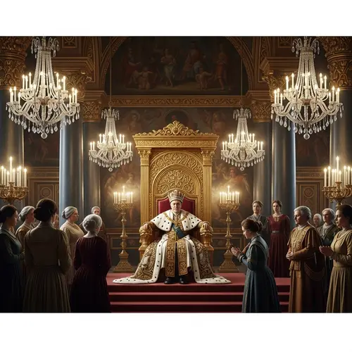 Majestic Monarch in Opulent Throne Room - Courtiers, Servants, Chandeliers