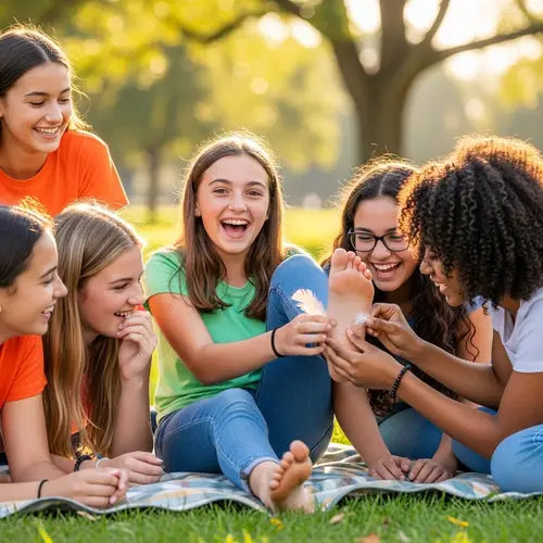Joyful 13-Year-Old Girl Tickling Session with Friends in Sunny Park