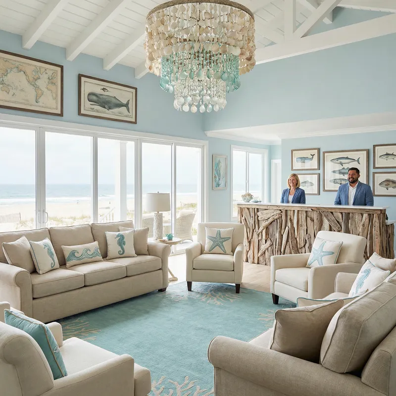 Charming Coastal Hotel Lobby | Experience Serene Comfort