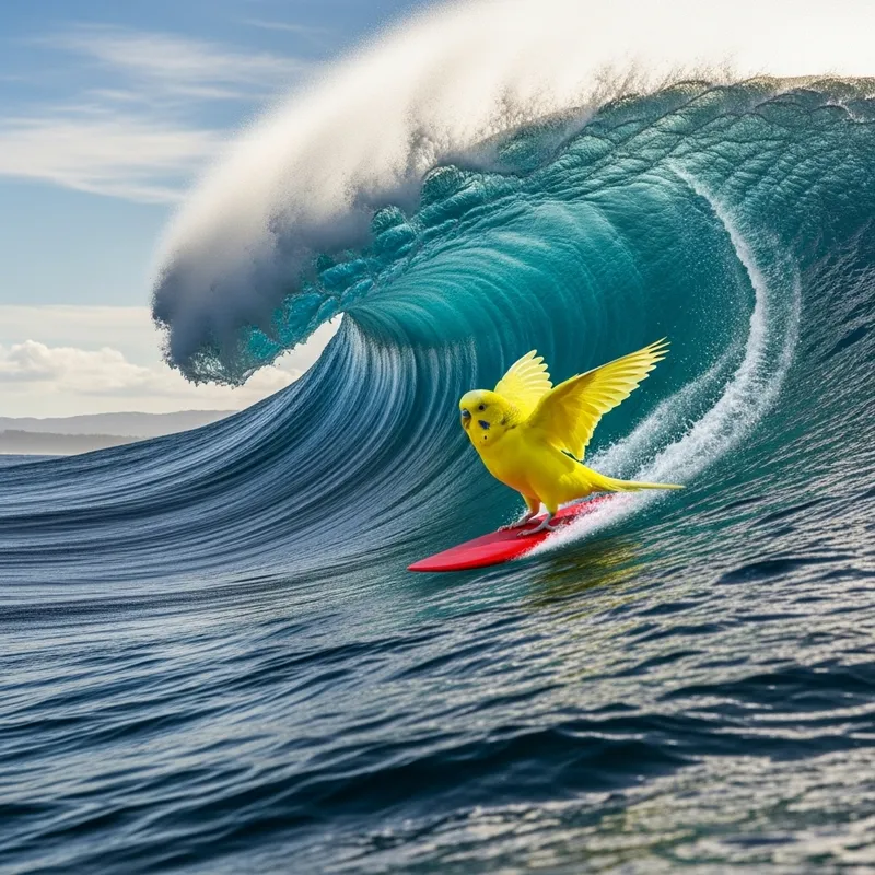 Yellow Parakeet Surfing on Red Board with 5-Meter Wave Yellow Parakeet Surfing on Red Board with 5-Meter Wave