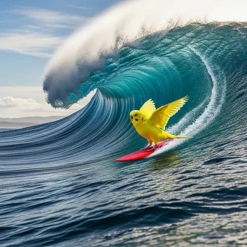 Yellow Parakeet Surfing on Red Surfboard Against Giant Wave