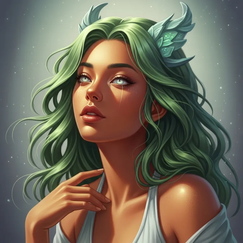 Enchanting Fantasy Portrait of Graceful Green-Haired Maiden Enchanting Fantasy Portrait of Graceful Green-Haired Maiden