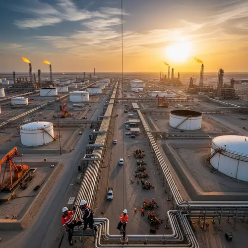 Qatar Oil Companies: Industrial Complexes & Workers at Sunset