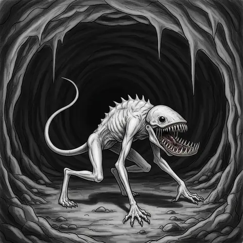 Eerie Sketch of Thin Grey Creature in a Cave | Enigmatic Anatomy