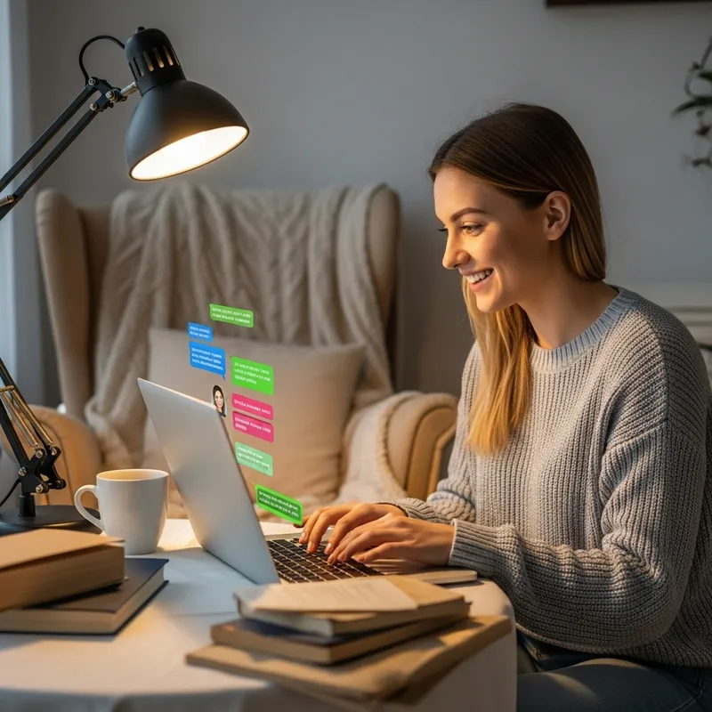 Mia's Joyful Online Chats: A Cozy Room Experience