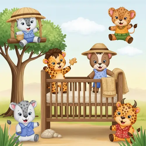 Whimsical Safari-Themed Nursery Art Illustration | Children's Book Style