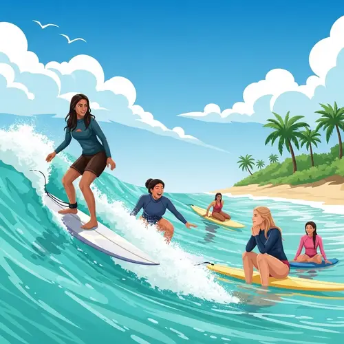 Diverse Women Surfing | Tropical Sunny Day Scene