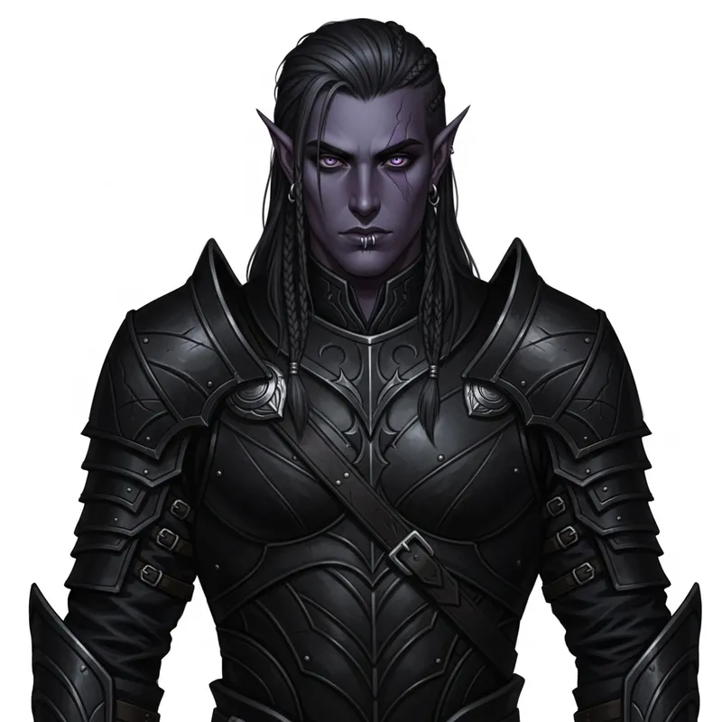 Male Half-Drow Warrior with Lilac Eyes & Ebony Hide Armor
