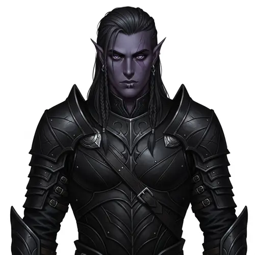 Male Half-Drow Character | Captivating Lilac Eyes & Black Hide Armor