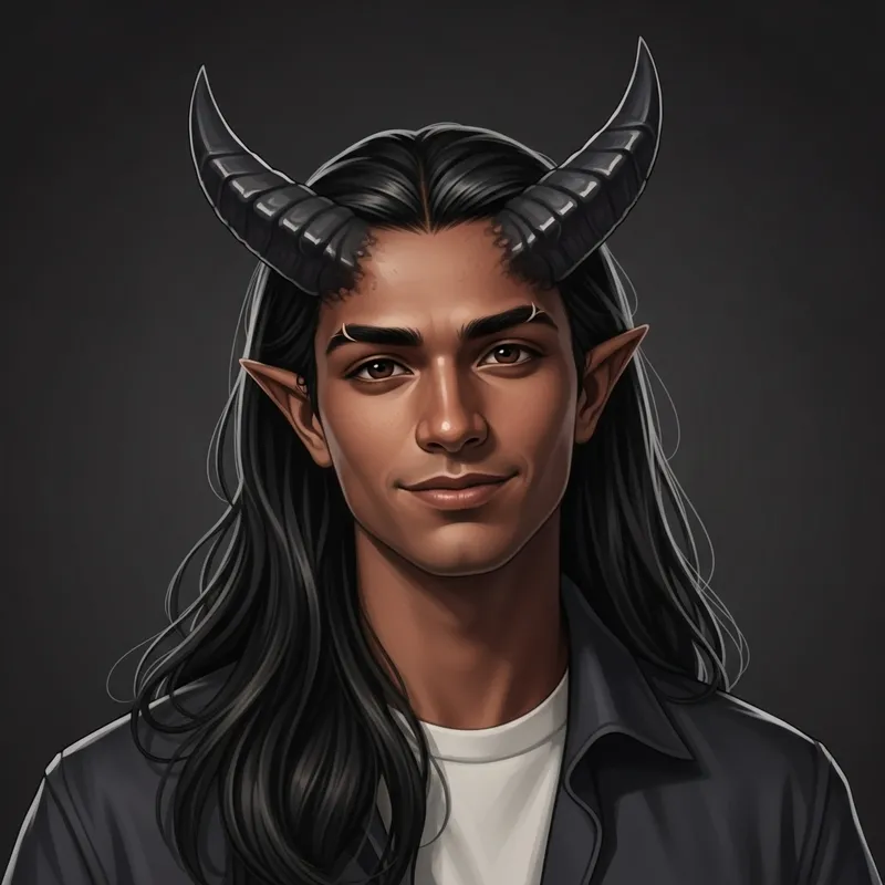 Demonic South Asian Male Tiefling with Youthful Charm