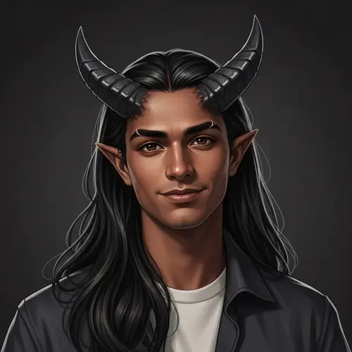 Young South Asian Male Tiefling with Medium-Length Horns and Flowing Hair