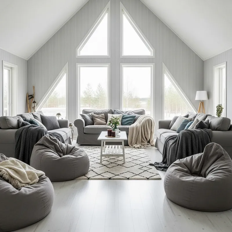 Cozy Cottagecore Living Room with High Ceiling and Lush Couches