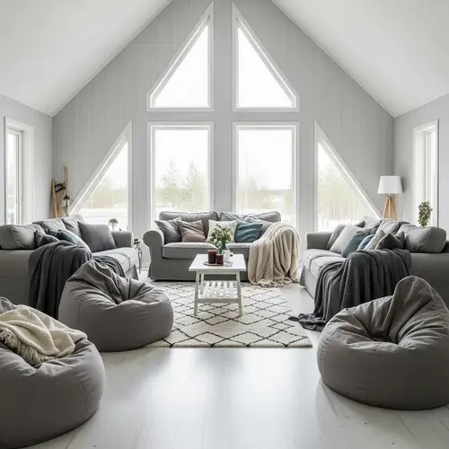 Cozy Cottagecore Living Room with High Ceiling and Lush Couches