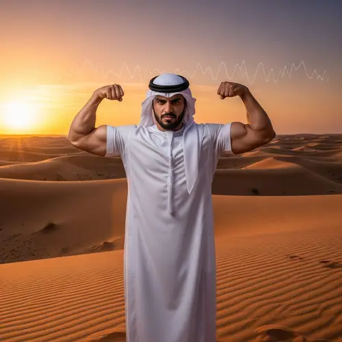 Traditional Saudi Man Flexing Muscles in Desert Sunset