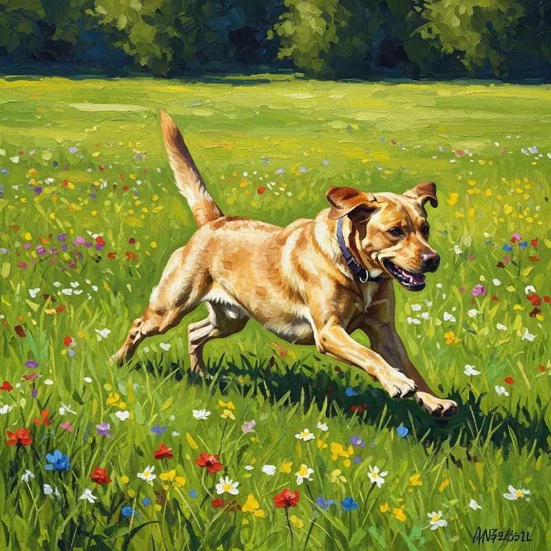 Playful Labrador Running in a Sunlit Meadow