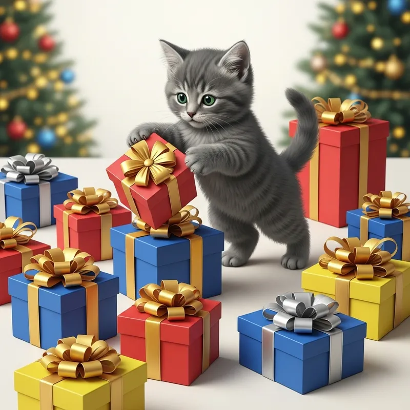 Engaging Grey Kitten Playing with Colorful Gift Boxes
