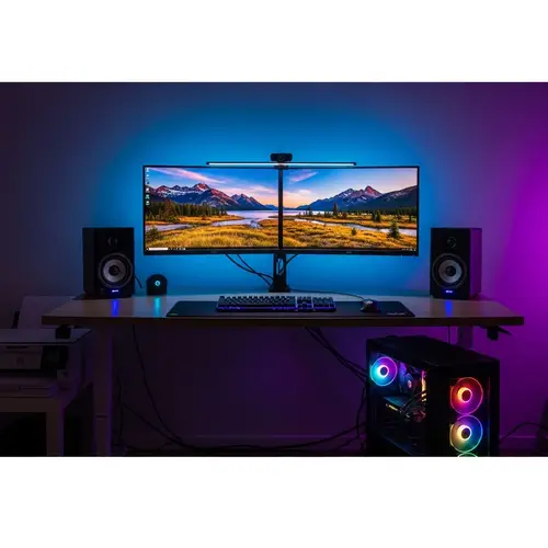 27-Inch Dual Monitor Setup with Speaker and Webcam
