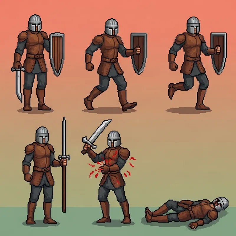 Pixel-Art Medieval Warrior Character Poses with Clear Separation