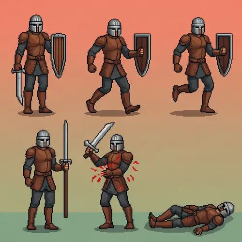 Pixel-Art Medieval Warrior Character in Leather Armor Poses