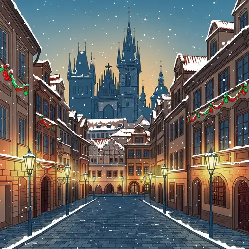 Christmas Postcard Illustration of Prague's Old Town