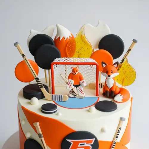 Cartoon-Inspired Ice Hockey Character Cake with Fox Tail Charm