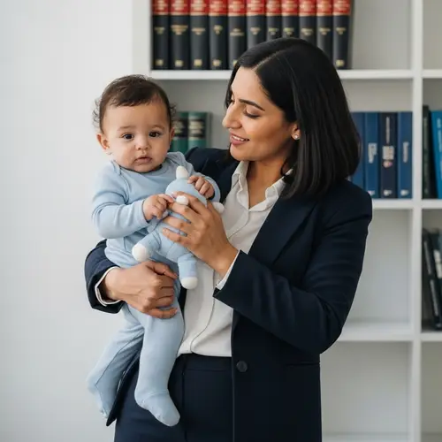 Successful Advocate Mom with Baby Boy in Modern Office