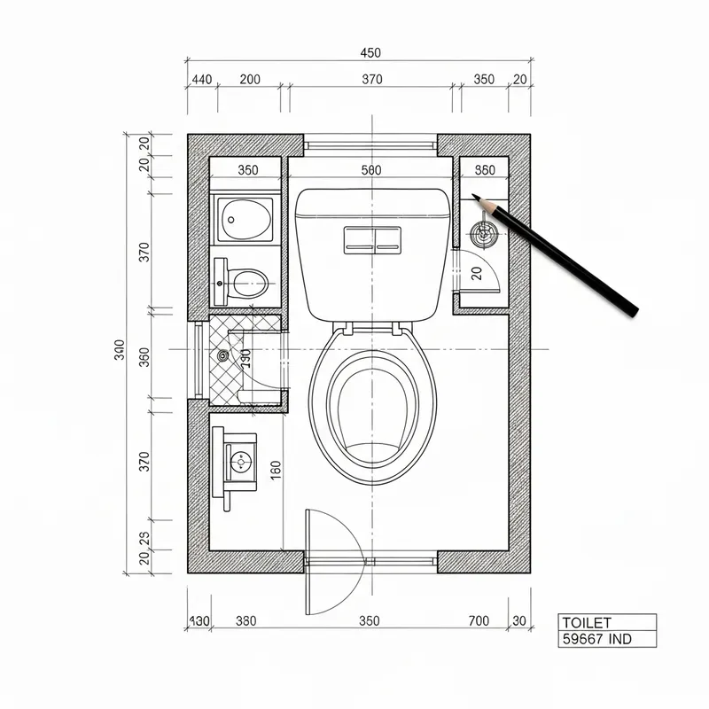 Detailed Toilet Blueprint Technical Drawing in Monochrome