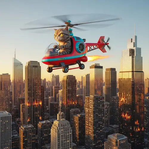 Mischievous Cat Helicopter Napalm Attack Scene | Whimsical Cityscape