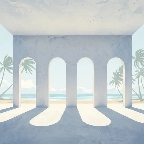 Tranquil Beach Landscape with Four Arched Portals Overlooking Ocean