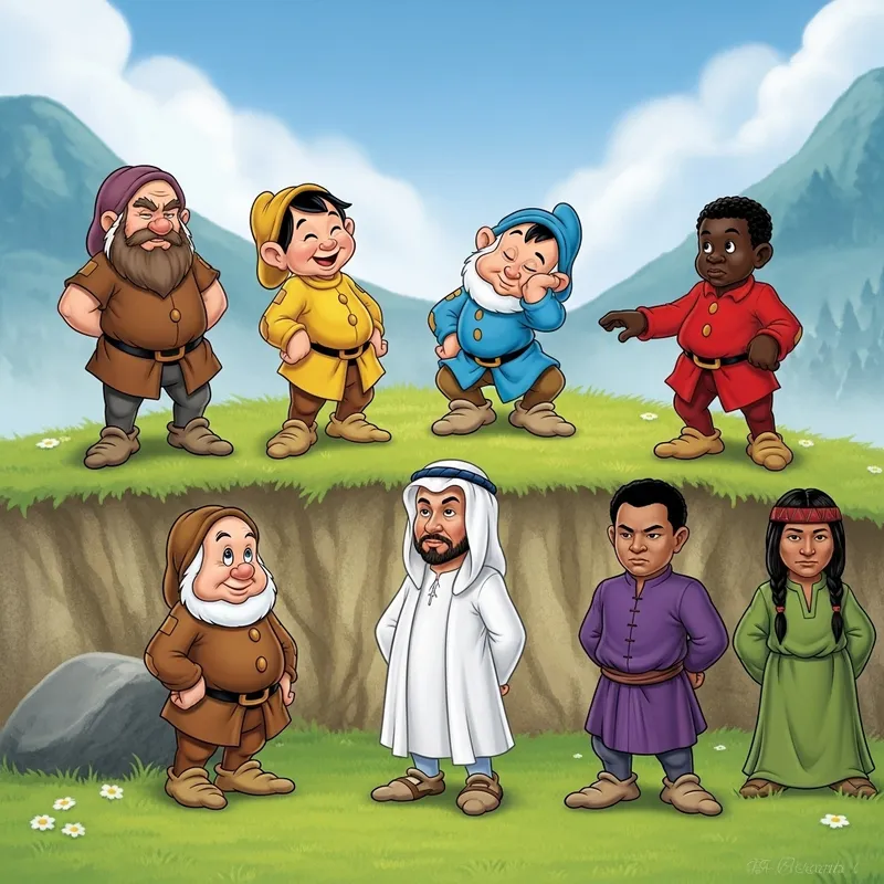 7 Enchanting Dwarfs: Discover the Colorful Characters in Earth-Toned, Yellow, Blue, Red, White, Purple, and Green Attire