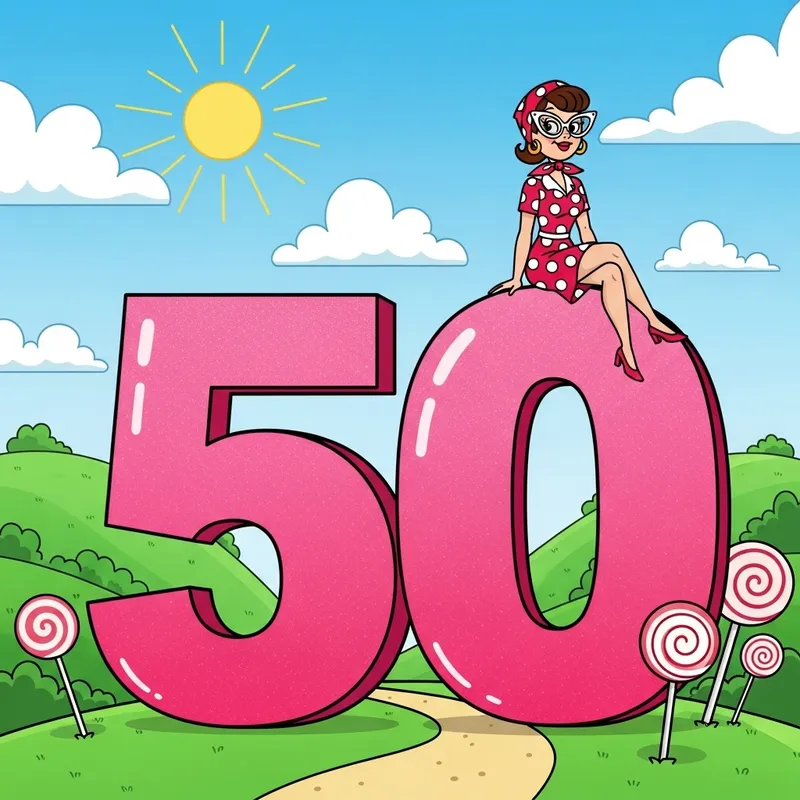 Cartoon-style Woman Sitting on Giant '50' | Fun Illustration