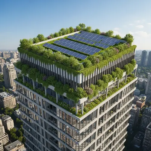 Urban High-Rise Building with Rooftop Garden & Solar Panels