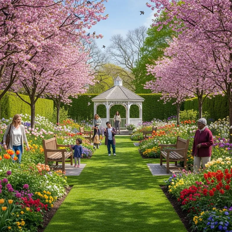 Serene Garden Retreat: Lush Greenery & Cherry Blossoms