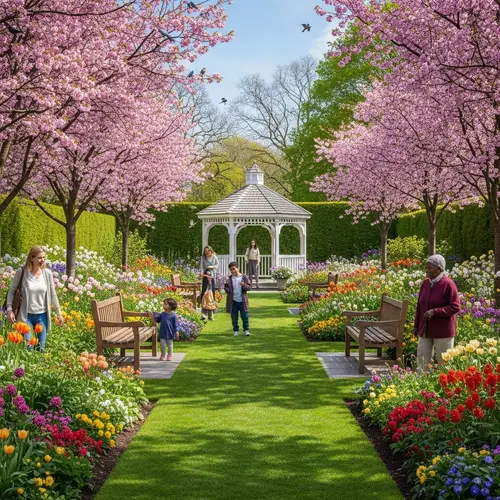 Tranquil Garden Oasis: Blooming Plants, Wooden Gazebo & Cherry Blossom Trees
