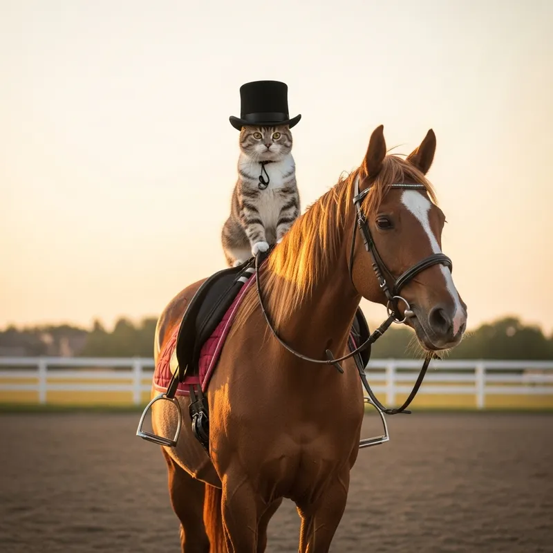 Whimsical Cat in Top Hat Sitting on Horse in Golden Sunset