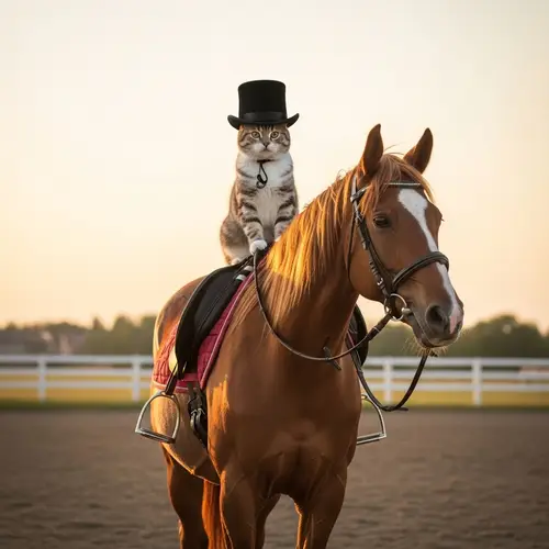 Whimsical Cat in Top Hat Riding a Horse | Playful Fantasy Scene