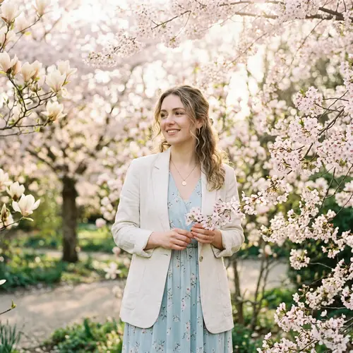 Spring Blossom Portrait: Beautiful Woman in Pastel Dress