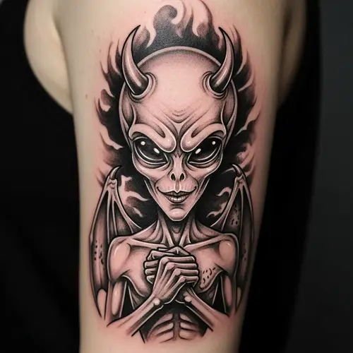 Imaginative Alien Tattoo Design in Monochrome