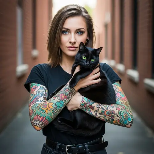 Colorful Tattooed Caucasian Woman with Black Cat in Urban Setting