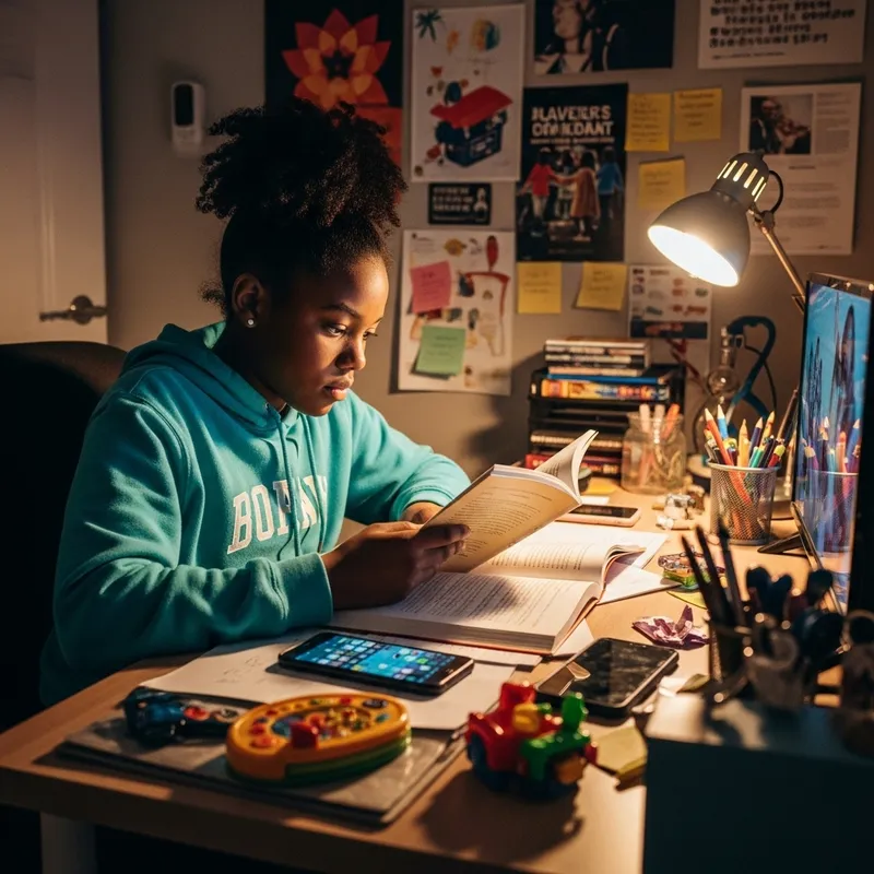 Dedicated Black Girl Studying Amid Distractions Dedicated Black Girl Studying Amid Distractions